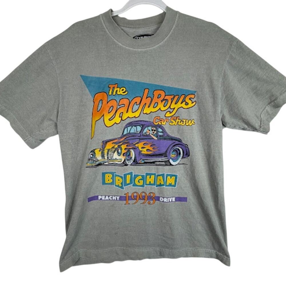 Vintage 1993 Peach Boys Car Show Brigham UT T-Shirt M Gray Hot Rod Flame Graphic